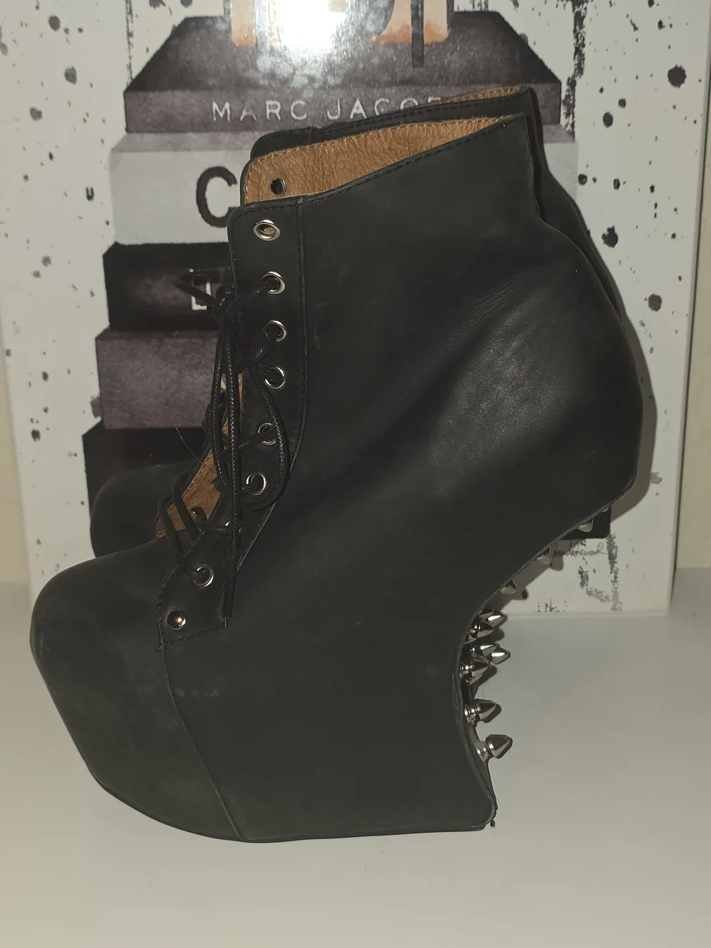 Jeffrey Campbell "NGT-LITA" Black Leather Studded Platform Lace-Up Gravity Wedge - Picture 7 of 9